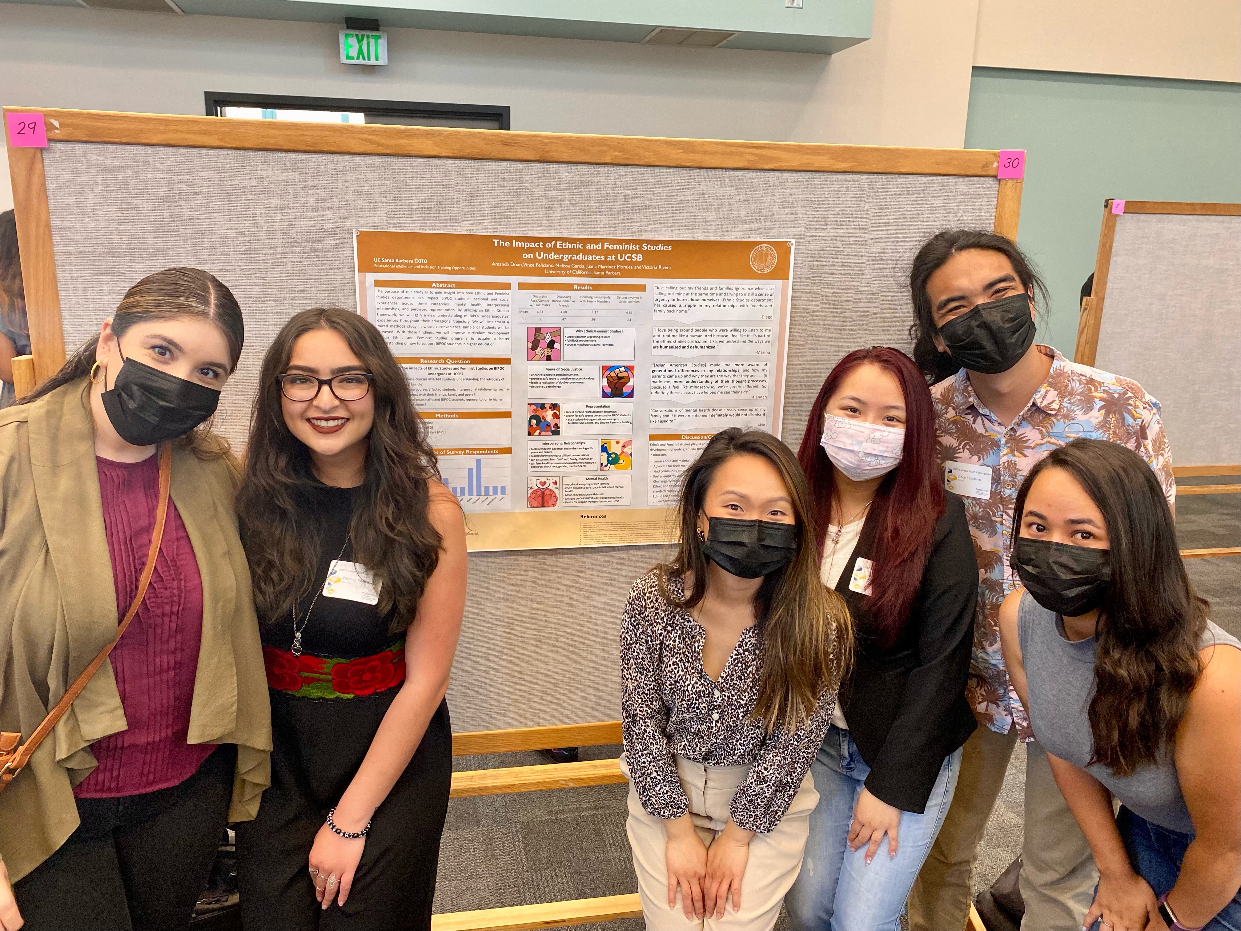 "Four students and two EXITO core staff stand around a poster board featuring one of their research projects'"