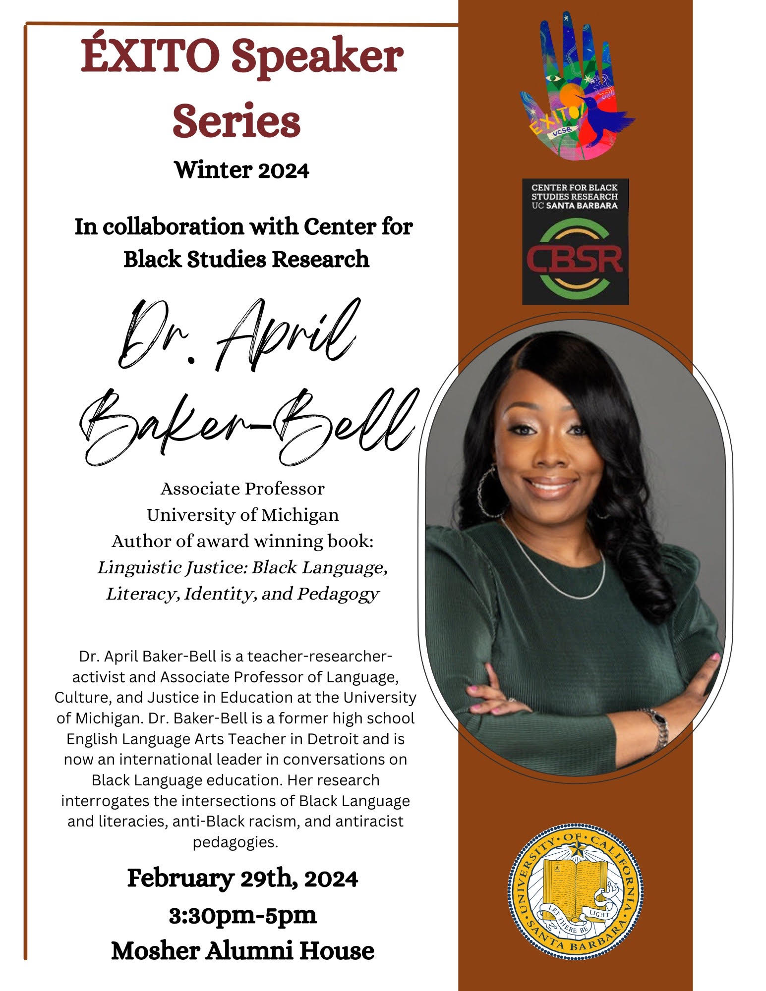 Flyer displaying information for Dr. Baker-Bell's event with EXITO