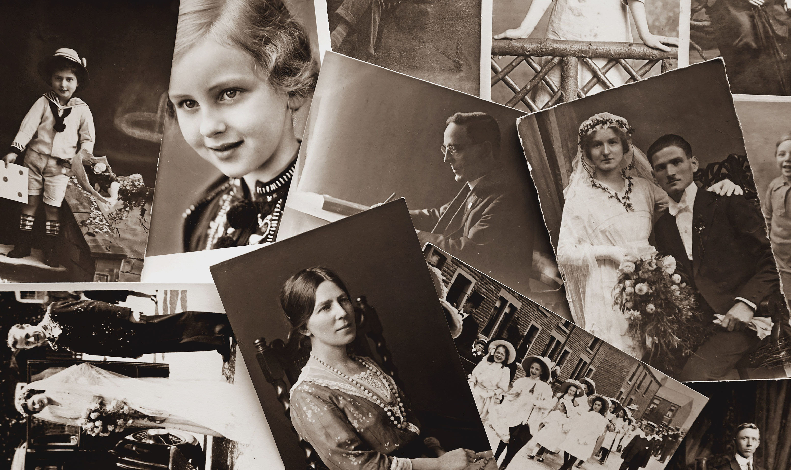 Vintage photos of pleople on a table. They show a young girls, women, bride and groom